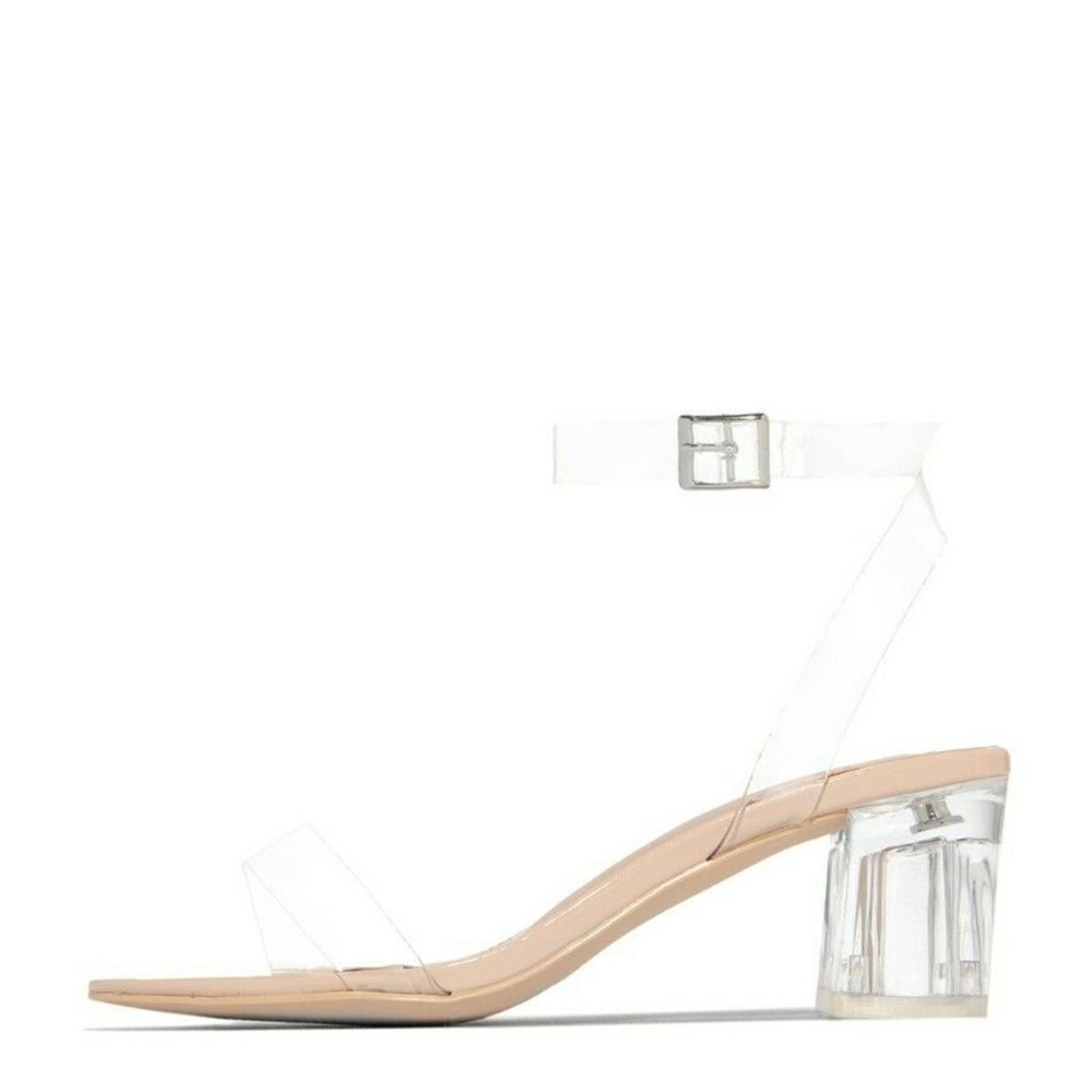 NEW🔥 Transparent Clear Nude Open Toe Lucite Low Block Heel Sandals Ankle Strap - Picture 7 of 8